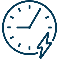 An icon depicting a clock with a lightning bolt symbol. The clock face is simple, with purple hour and minute hands pointing to 10 and 2, respectively. The purple lightning bolt, positioned to the right of the clock, indicates speed or quick passage of time. The overall design is clean and minimalistic, using a monochromatic colour scheme.
